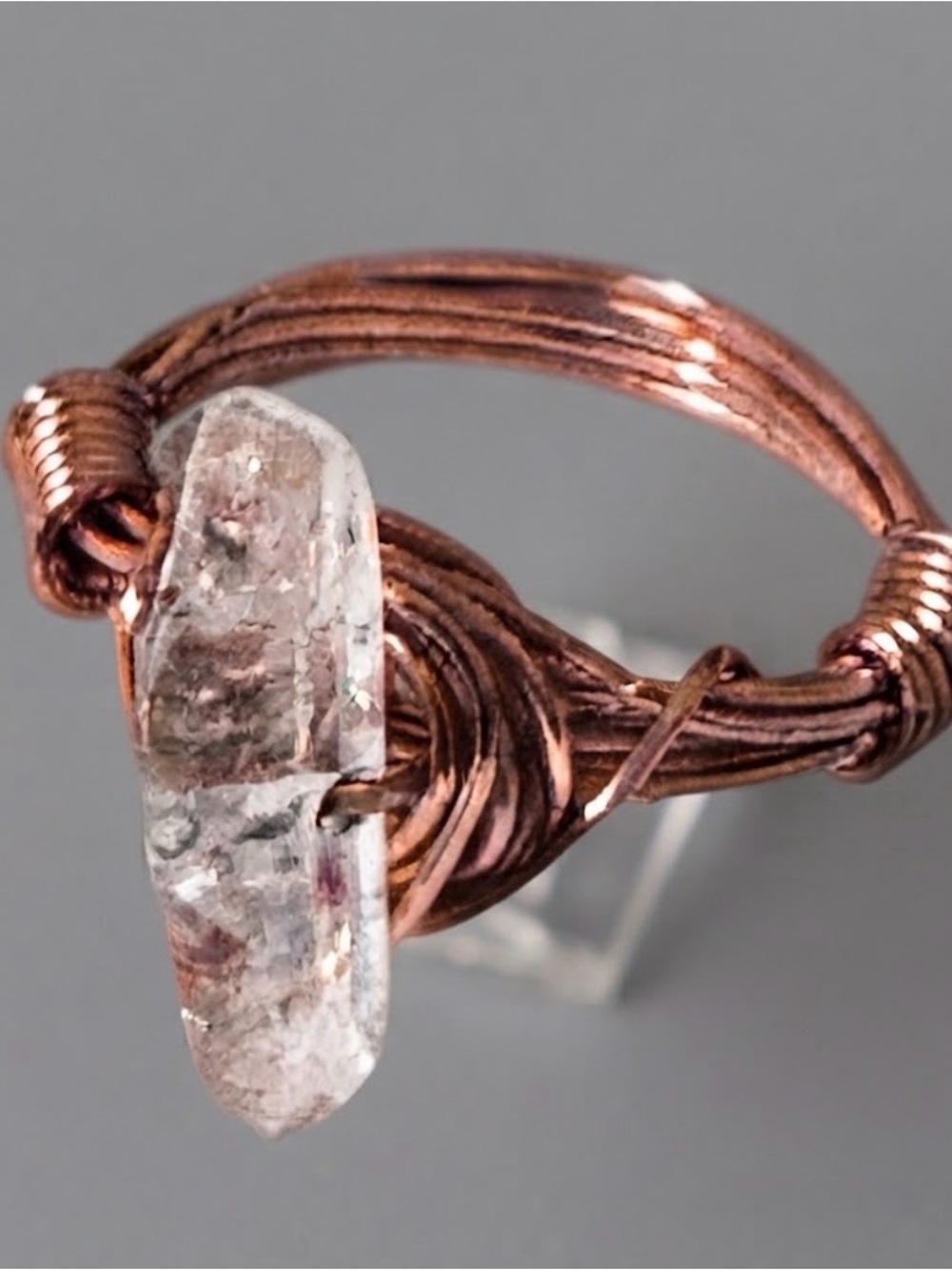 Rustic Copper Wire Ring with Clear Quartz size 6
